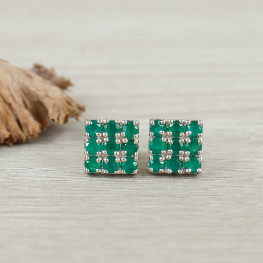 Natural Emerald Earrings-925 Sterling Silver Emerald Studs-Square Shape Dainty Earrings-Round Cut Gemstone Earrings-Emerald Jewelry for Gift