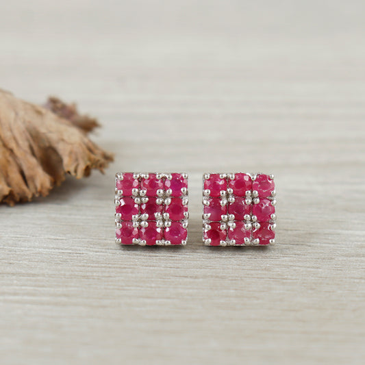 Natural Ruby Earrings-925 Sterling Silver Stud Earrings-July Birthstone-Ruby Jewelry-Round Cut Gemstone Earrings-Dainty Ruby Studs for Girls