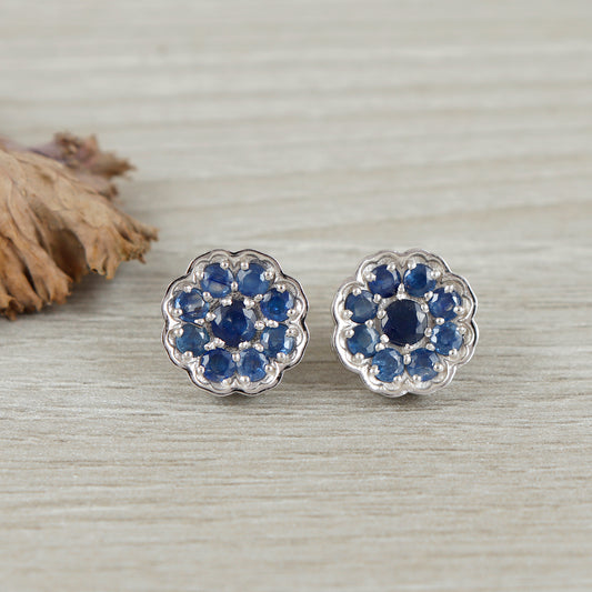Blue Sapphire Floral Stud Earring-925 Sterling Silver Stud-September Birthstone Studs-Flower Stud Earring-Sapphire Jewelry Tiny Stud Earring