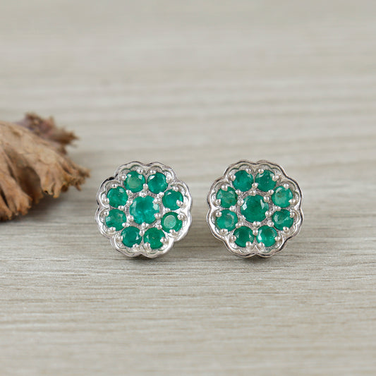 Emerald Floral Stud Earrings-925 Sterling Silver-May Birthstone-Dainty Emerald Stud Earrings-Tiny Emerald Studs-Emerald Jewelry Gift for Her