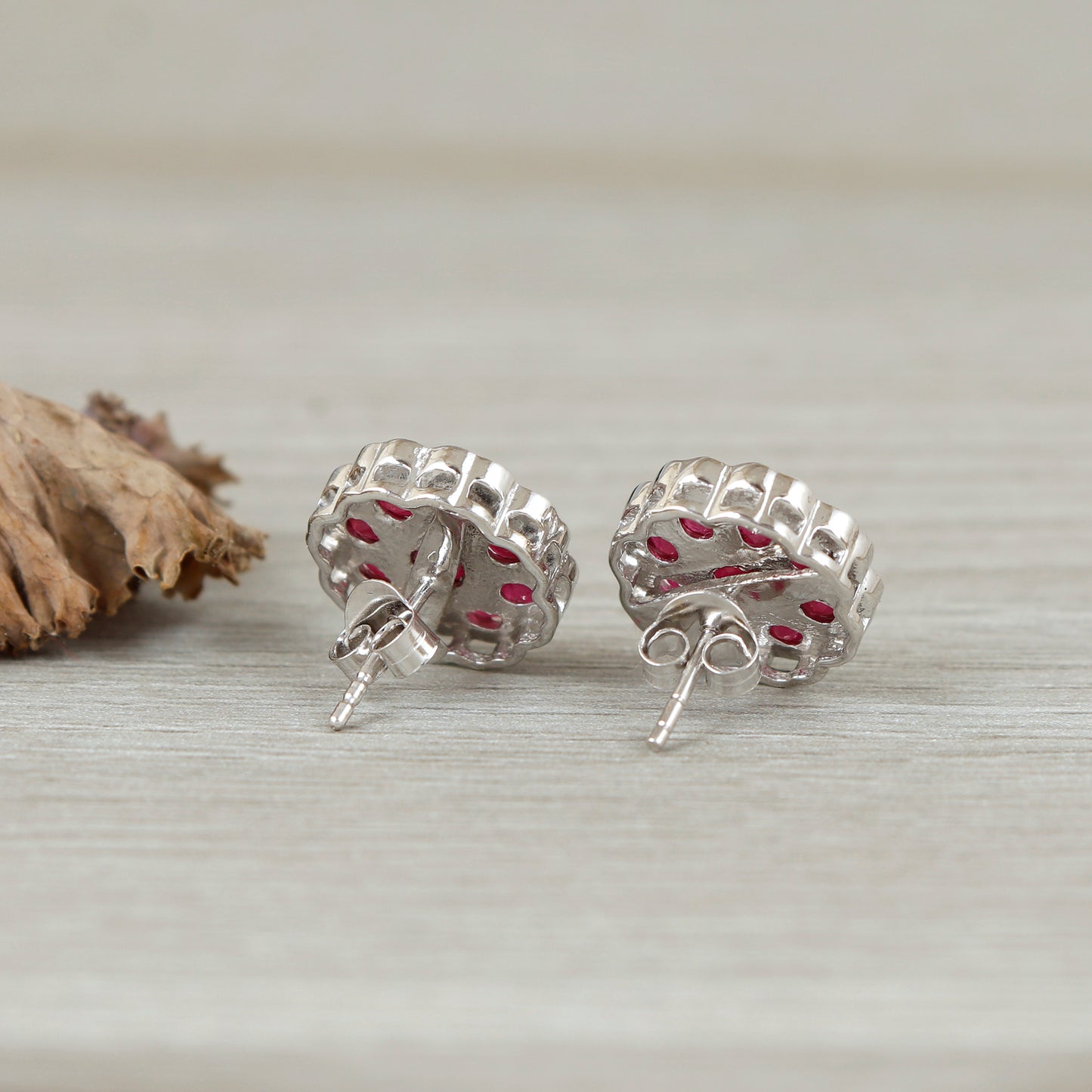 Floral Ruby Earrings-925 Sterling Silver-July Birthstone Earrings-Round Gemstone Studs-Minimalist Ruby Stud Earrings-Wedding Gift for Her