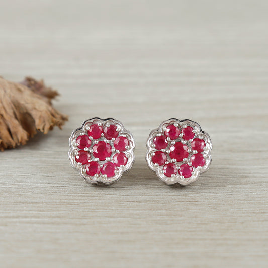 Floral Ruby Earrings-925 Sterling Silver-July Birthstone Earrings-Round Gemstone Studs-Minimalist Ruby Stud Earrings-Wedding Gift for Her