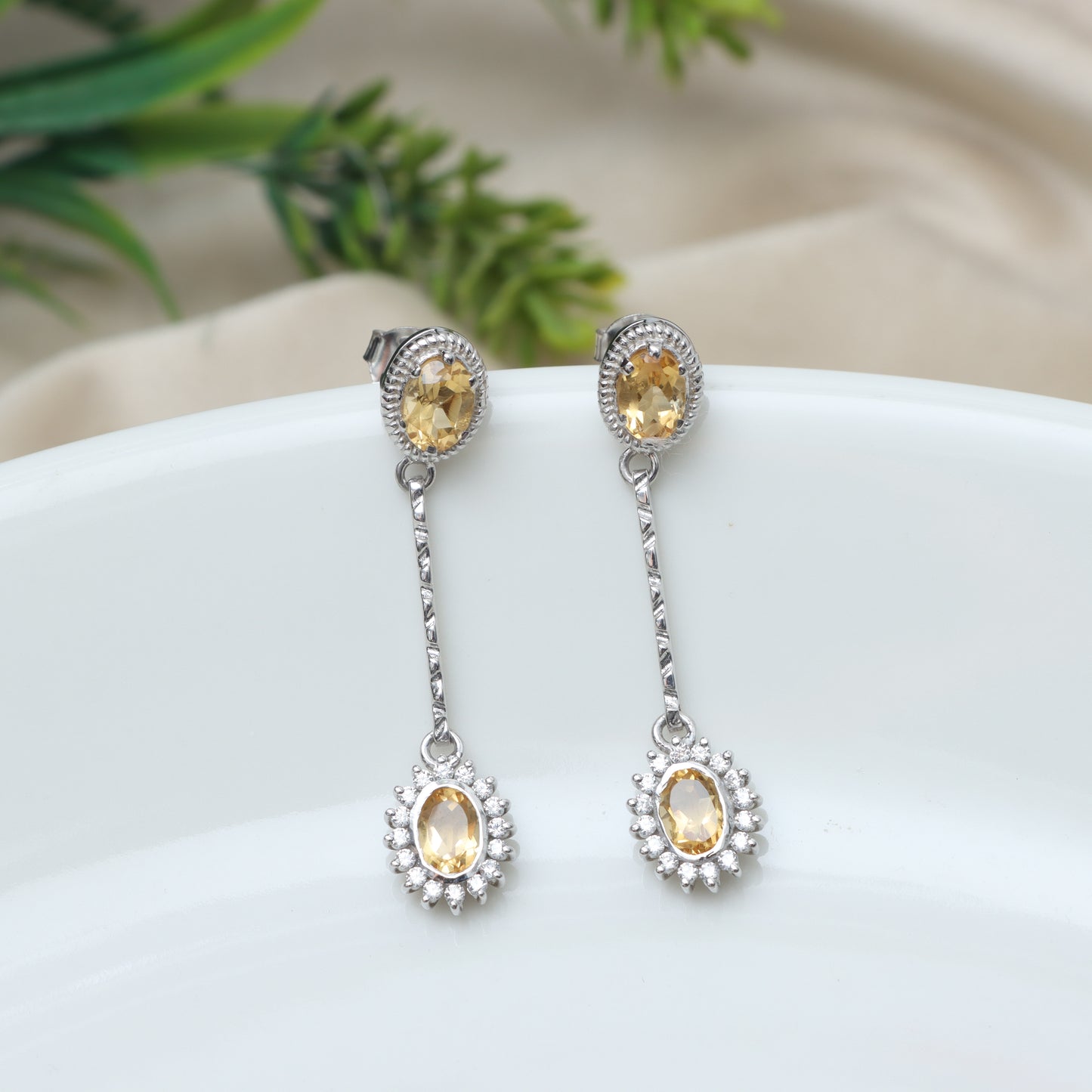Natural Citrine Oval Cut Gemstone Cluster Earrings-925 Sterling Silver-November Birthstone Studs-Bridal Earrings-Anniversary Gift for Her