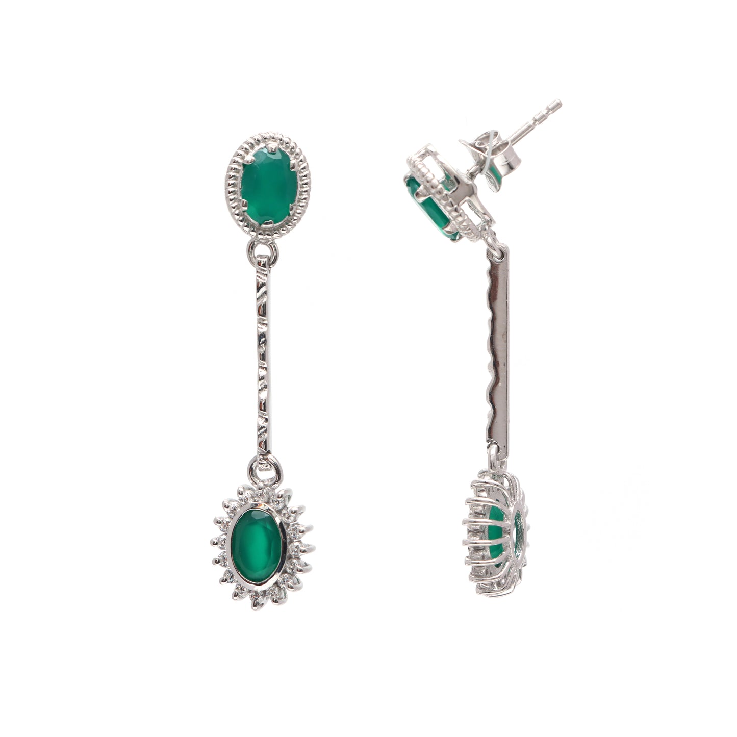 Green Onyx Oval Cut Gemstone Cluster Earrings-925 Sterling Silver Stud Earrings-May Birthstone Studs-Long Earrings Wedding Gift for her