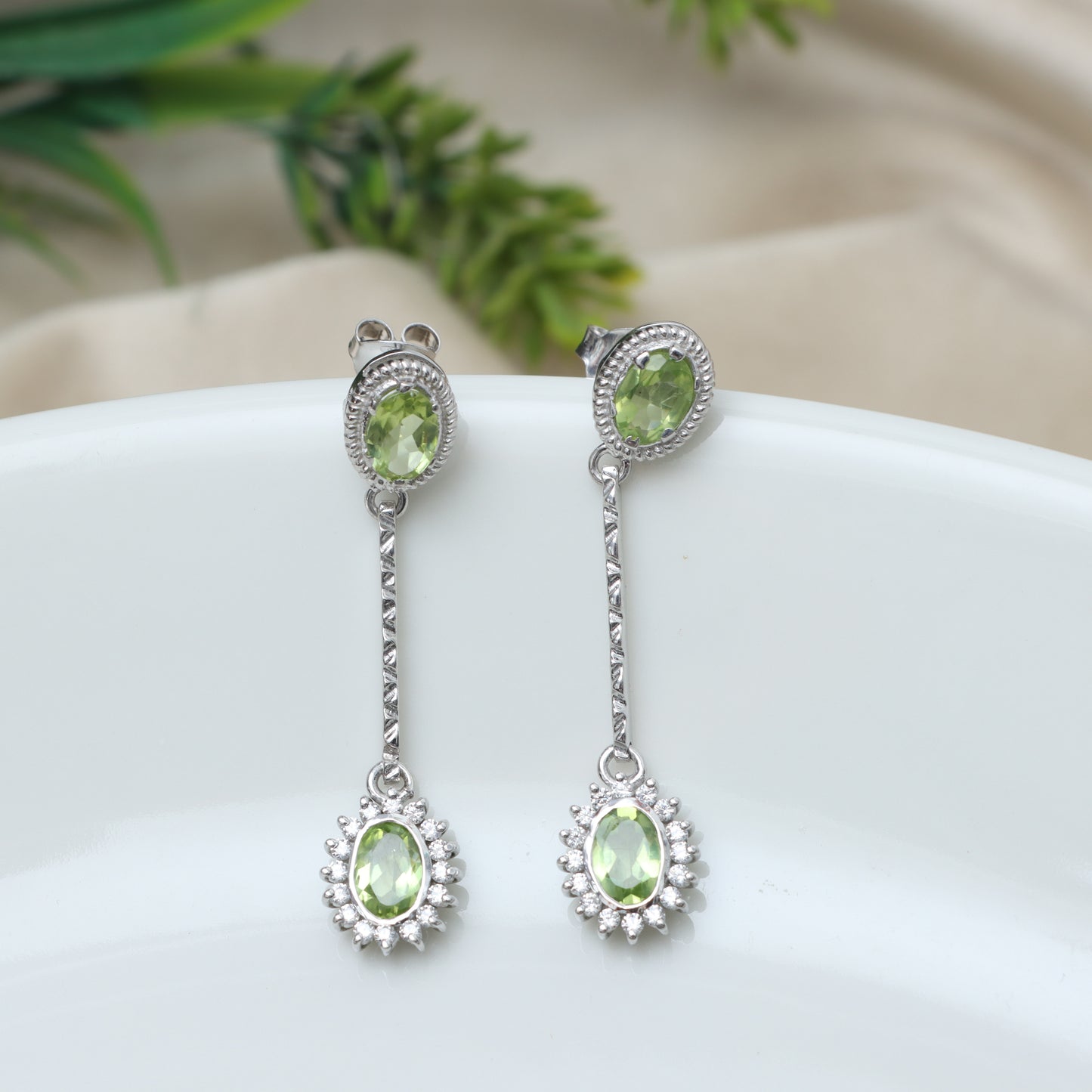 Natural Peridot Oval Cut Gemstone Cluster Earrings-925 Sterling Silver-August Birthstone-Peridot Dangle Earrings-Anniversary Gift for Her