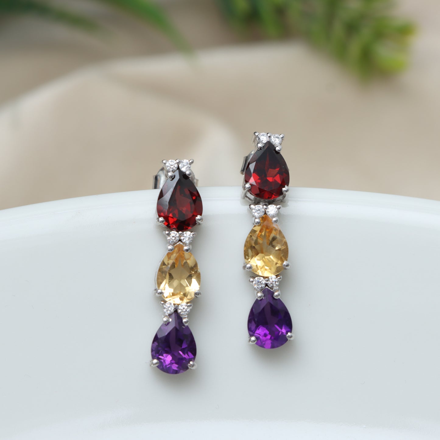 Multi Gemstone Stud Earrings-925 Sterling Silver Earrings-Garnet Studs-Citrine Earrings-Amethyst Earrings-Multi Stone Jewelry-Wedding Gift