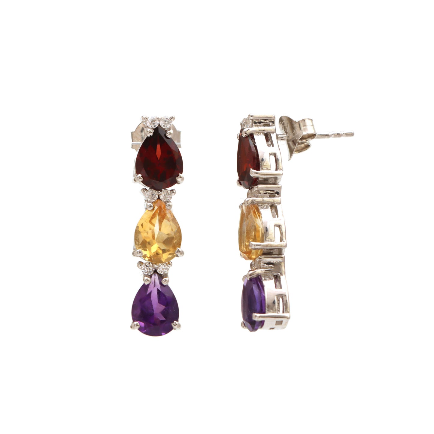 Multi Gemstone Stud Earrings-925 Sterling Silver Earrings-Garnet Studs-Citrine Earrings-Amethyst Earrings-Multi Stone Jewelry-Wedding Gift