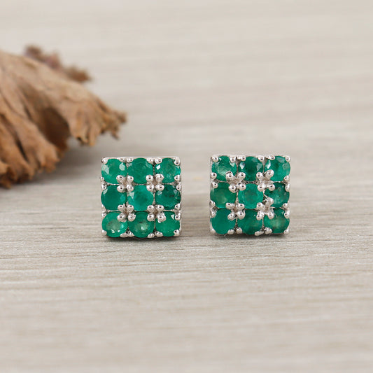 Emerald Round Gemstone Stud Earrings-925 Sterling Silver Earring-may Birthstone Studs-Square Shape Stud Earrings-Dainty Stud Earring for Her