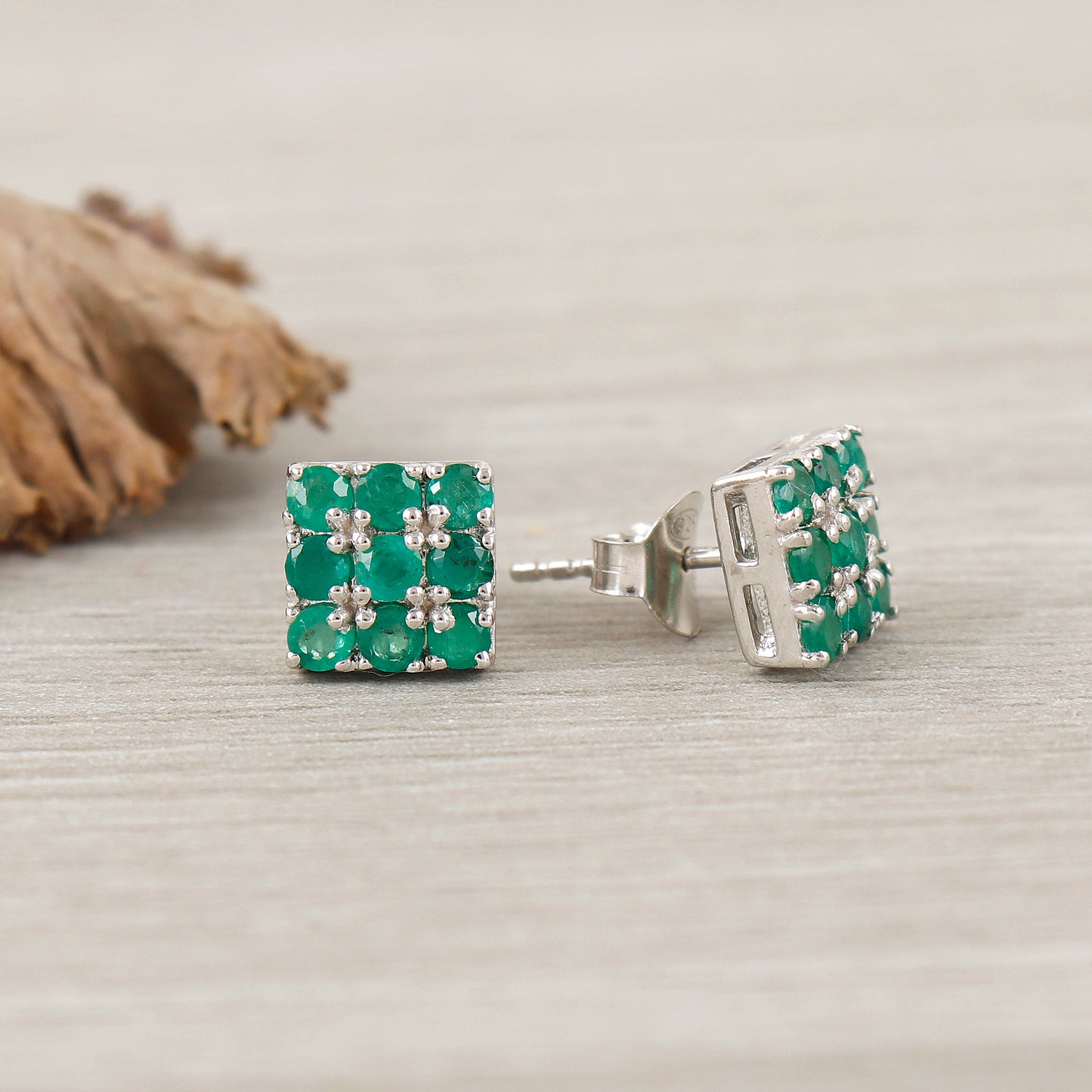 Emerald Round Gemstone Stud Earrings-925 Sterling Silver Earring-may Birthstone Studs-Square Shape Stud Earrings-Dainty Stud Earring for Her