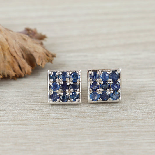Natural Blue Sapphire Round Gemstone Earrings-925 Sterling Silver-Handmade Stud Earrings-September Birthstone Earrings-Gift for Girls