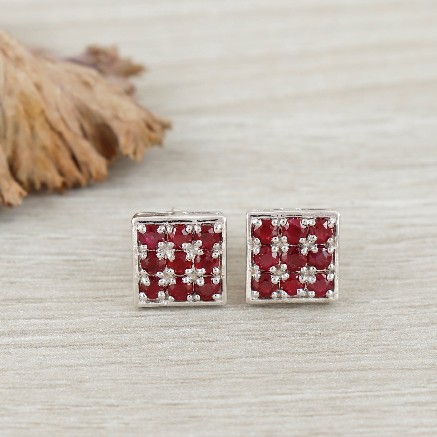 Ruby Stud Earrings-July Birthstone Stud Earrings-925 Sterling Silver-Square Ruby Studs-Round Cut Gemstone Earrings-Dainty Earrings for Gift