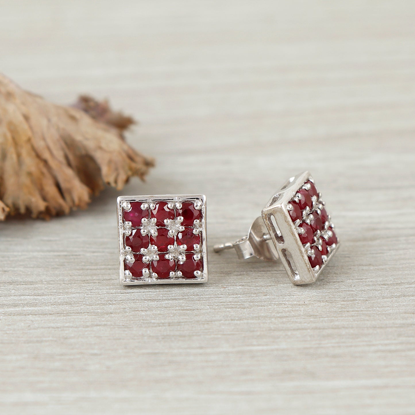 Ruby Stud Earrings-July Birthstone Stud Earrings-925 Sterling Silver-Square Ruby Studs-Round Cut Gemstone Earrings-Dainty Earrings for Gift