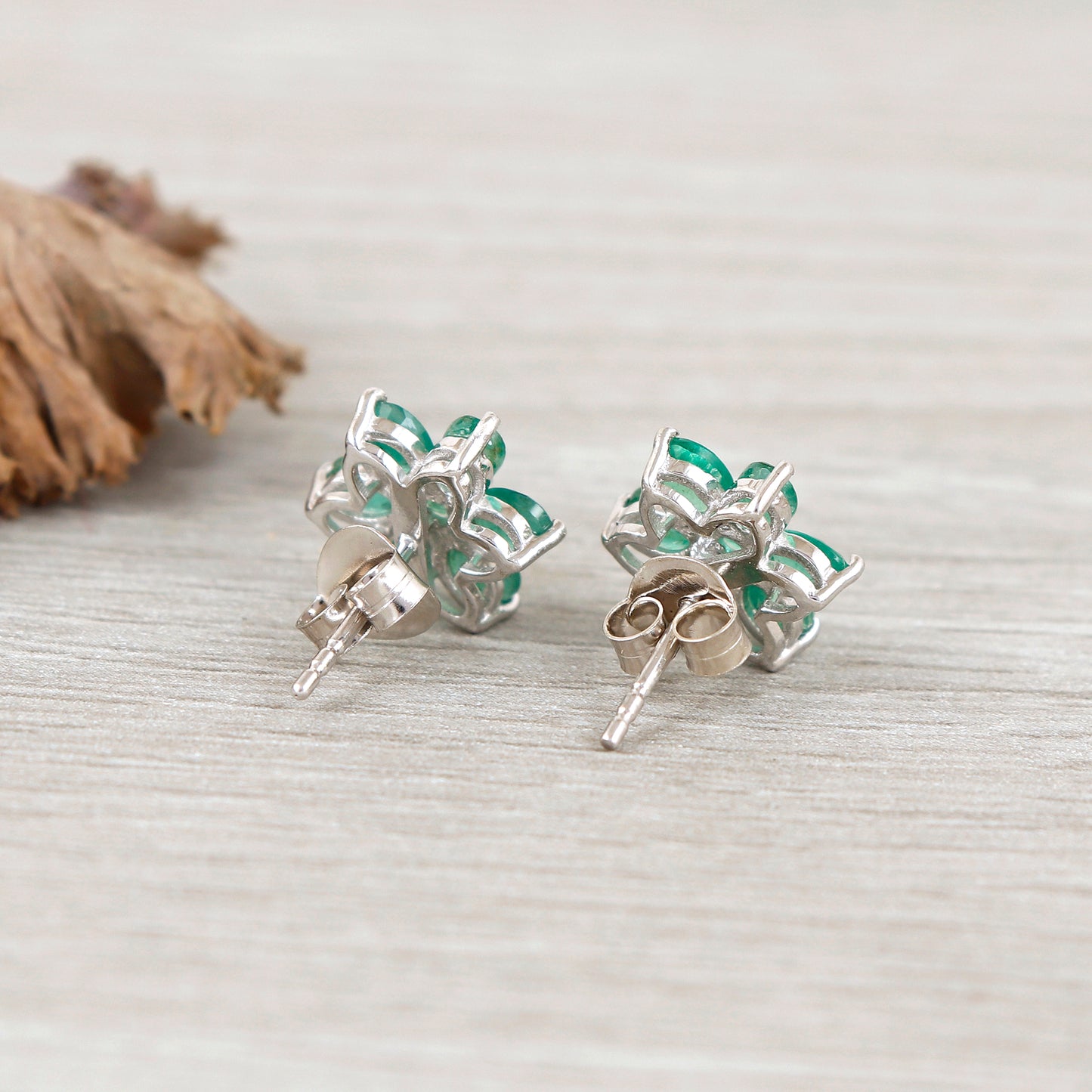 Emerald Floral Stud Earrings-925 Sterling Silver-May Birthstone-Dainty Emerald Stud Earrings-Tiny Emerald Studs-Emerald Jewelry Gift for Her