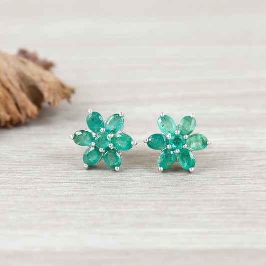 Emerald Floral Stud Earrings-925 Sterling Silver-May Birthstone-Dainty Emerald Stud Earrings-Tiny Emerald Studs-Emerald Jewelry Gift for Her