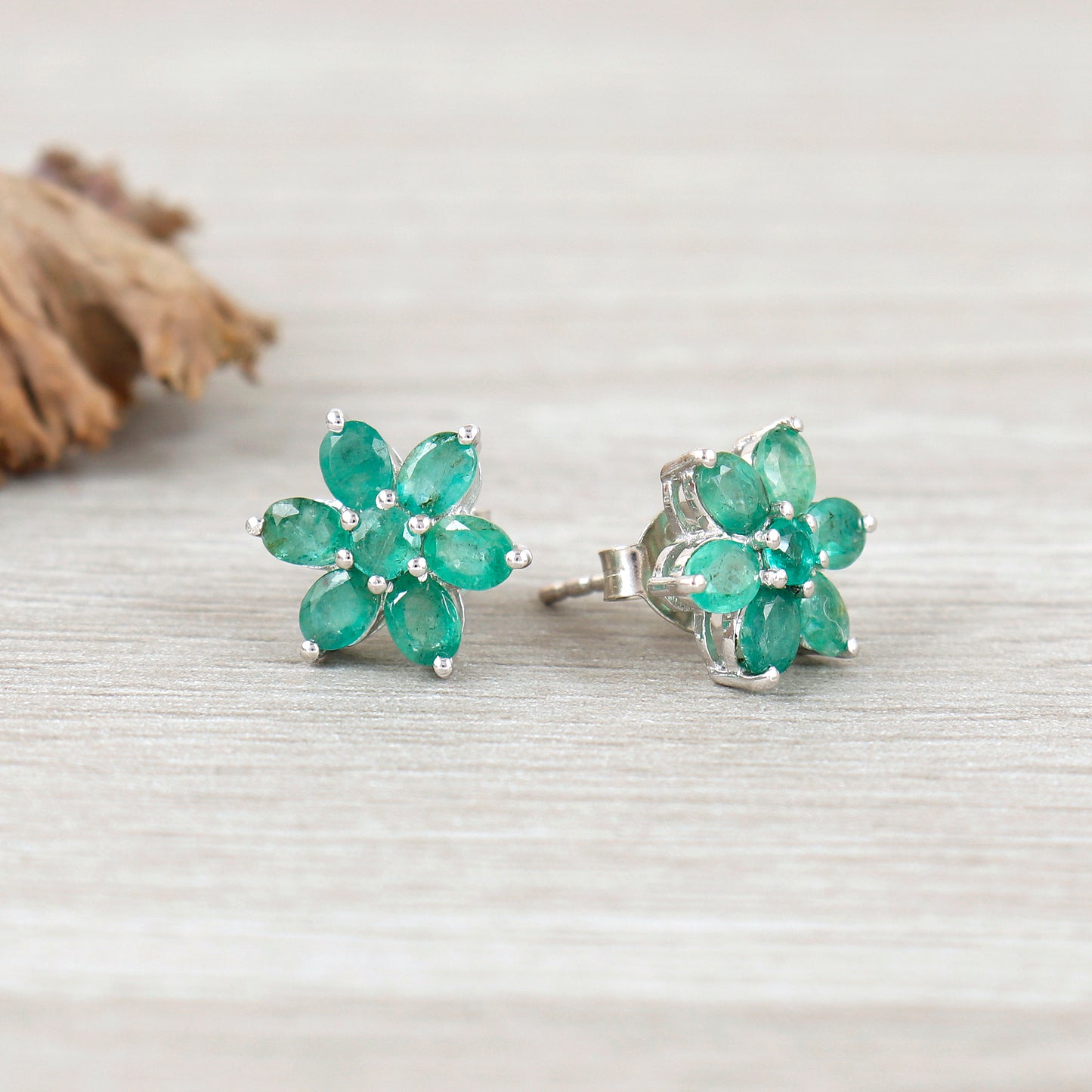 Emerald Floral Stud Earrings-925 Sterling Silver-May Birthstone-Dainty Emerald Stud Earrings-Tiny Emerald Studs-Emerald Jewelry Gift for Her