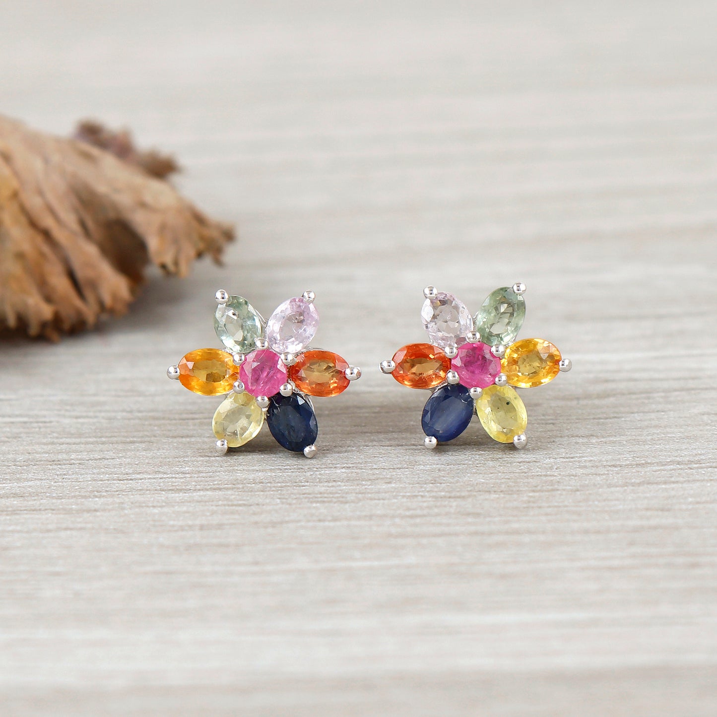 Multi Sapphire Floral Stud Earrings-925 Sterling Silver Earrings-Flower Multi Sapphire Earrings-Dainty Stud Earrings-Sapphire Women Jewelry