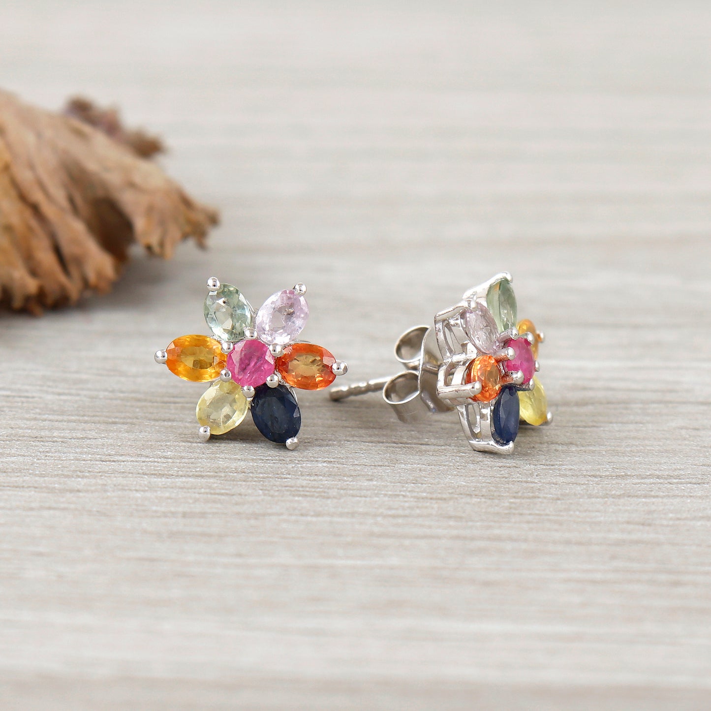 Multi Sapphire Floral Stud Earrings-925 Sterling Silver Earrings-Flower Multi Sapphire Earrings-Dainty Stud Earrings-Sapphire Women Jewelry
