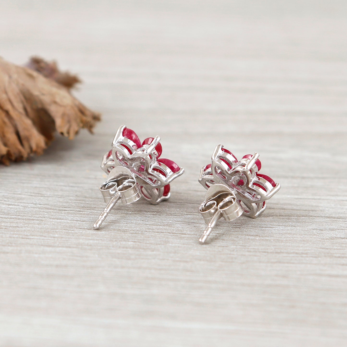 Floral Ruby Earrings-Round Gemstone Studs-Sun Flower Ruby Stud Earrings-July Birthstone Earrings-925 Sterling Silver-Christmas Gift for Her