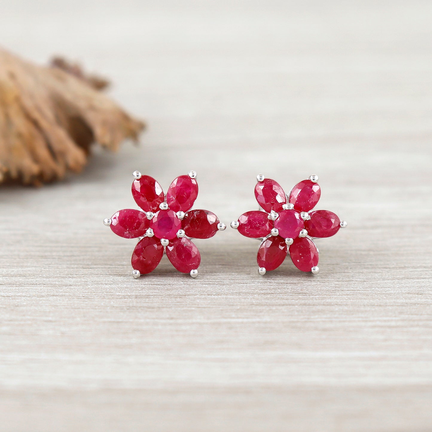 Floral Ruby Earrings-Round Gemstone Studs-Sun Flower Ruby Stud Earrings-July Birthstone Earrings-925 Sterling Silver-Christmas Gift for Her