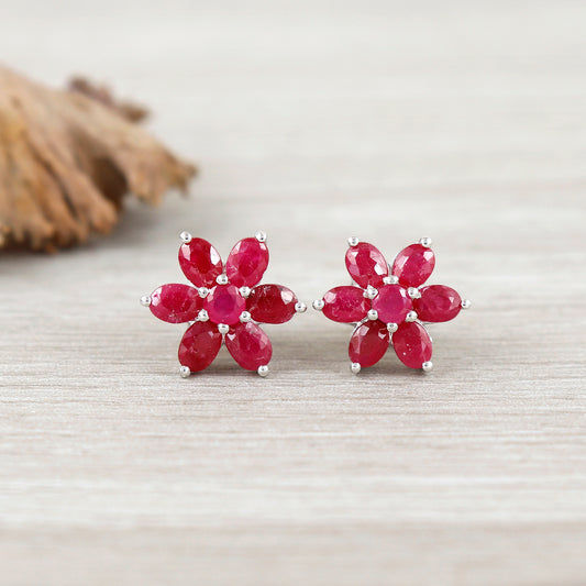 Floral Ruby Earrings-Round Gemstone Studs-Sun Flower Ruby Stud Earrings-July Birthstone Earrings-925 Sterling Silver-Christmas Gift for Her