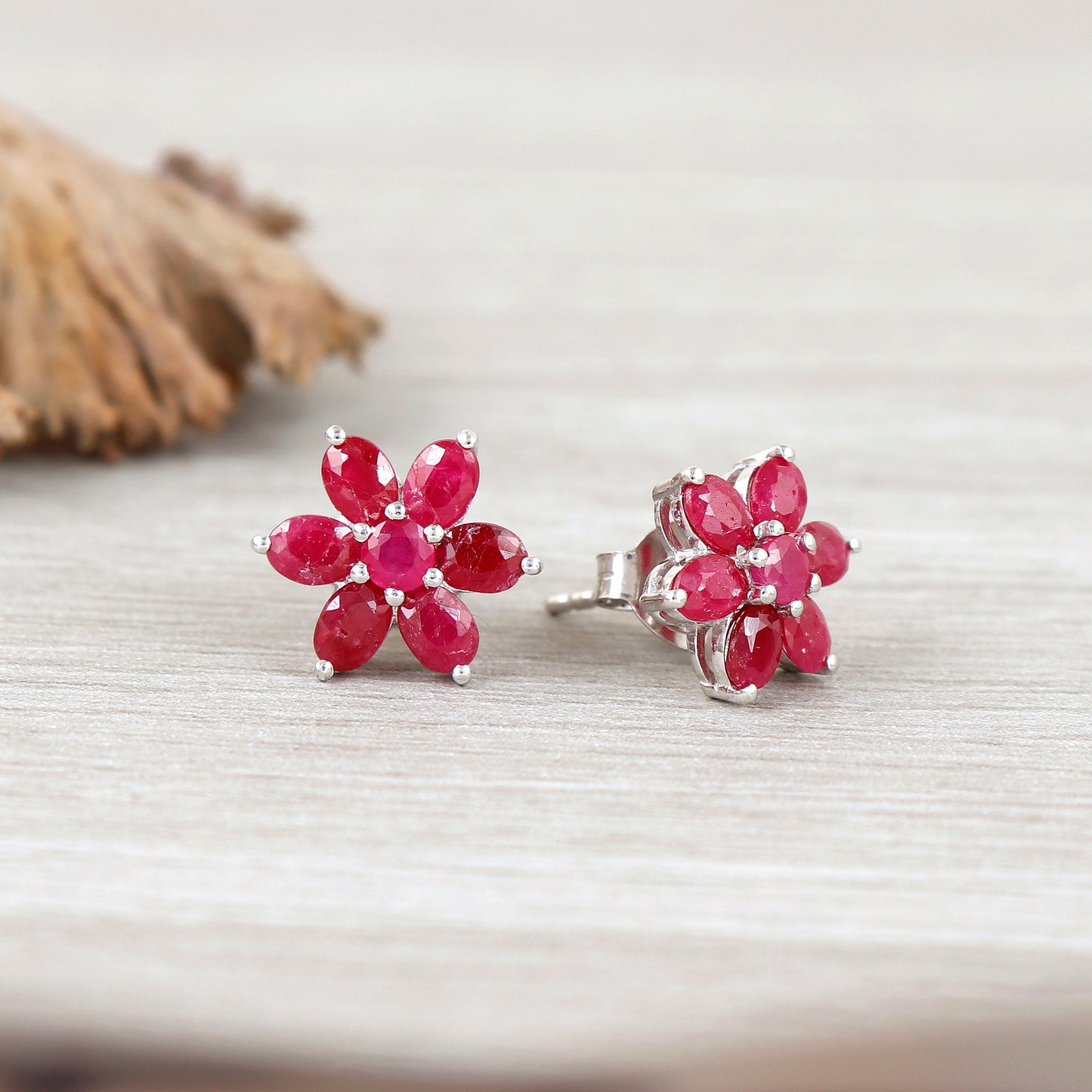 Floral Ruby Earrings-Round Gemstone Studs-Sun Flower Ruby Stud Earrings-July Birthstone Earrings-925 Sterling Silver-Christmas Gift for Her