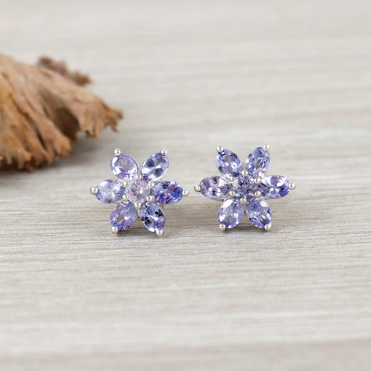 Floral Tanzanite Stud Earrings-925 Sterling Silver Studs-December Birthstone Earrings-Sun Flower Tanzanite Earrings-Anniversary Gift for Her