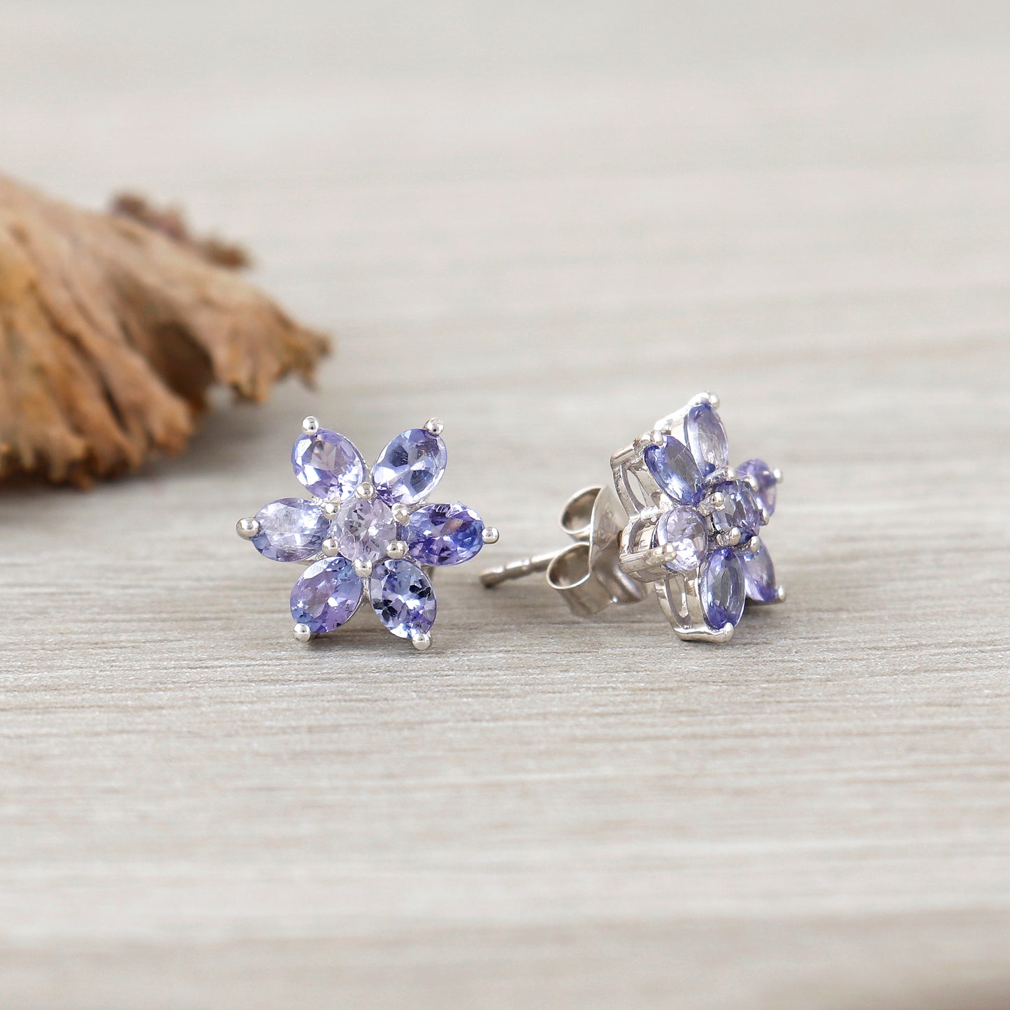 Floral Tanzanite Stud Earrings-925 Sterling Silver Studs-December Birthstone Earrings-Sun Flower Tanzanite Earrings-Anniversary Gift for Her