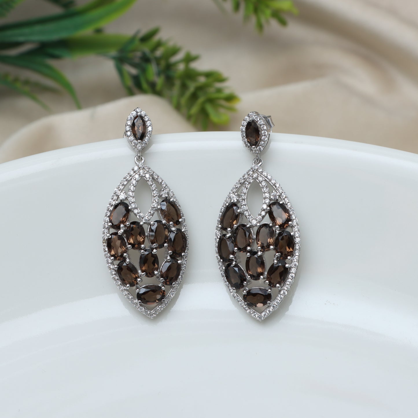Smoky Quartz Cluster Earrings-925 Sterling Silver Dangle Earrings-Oval Cut Gemstone Smoky Earrings-November Birthstone-Wedding Gift for Her