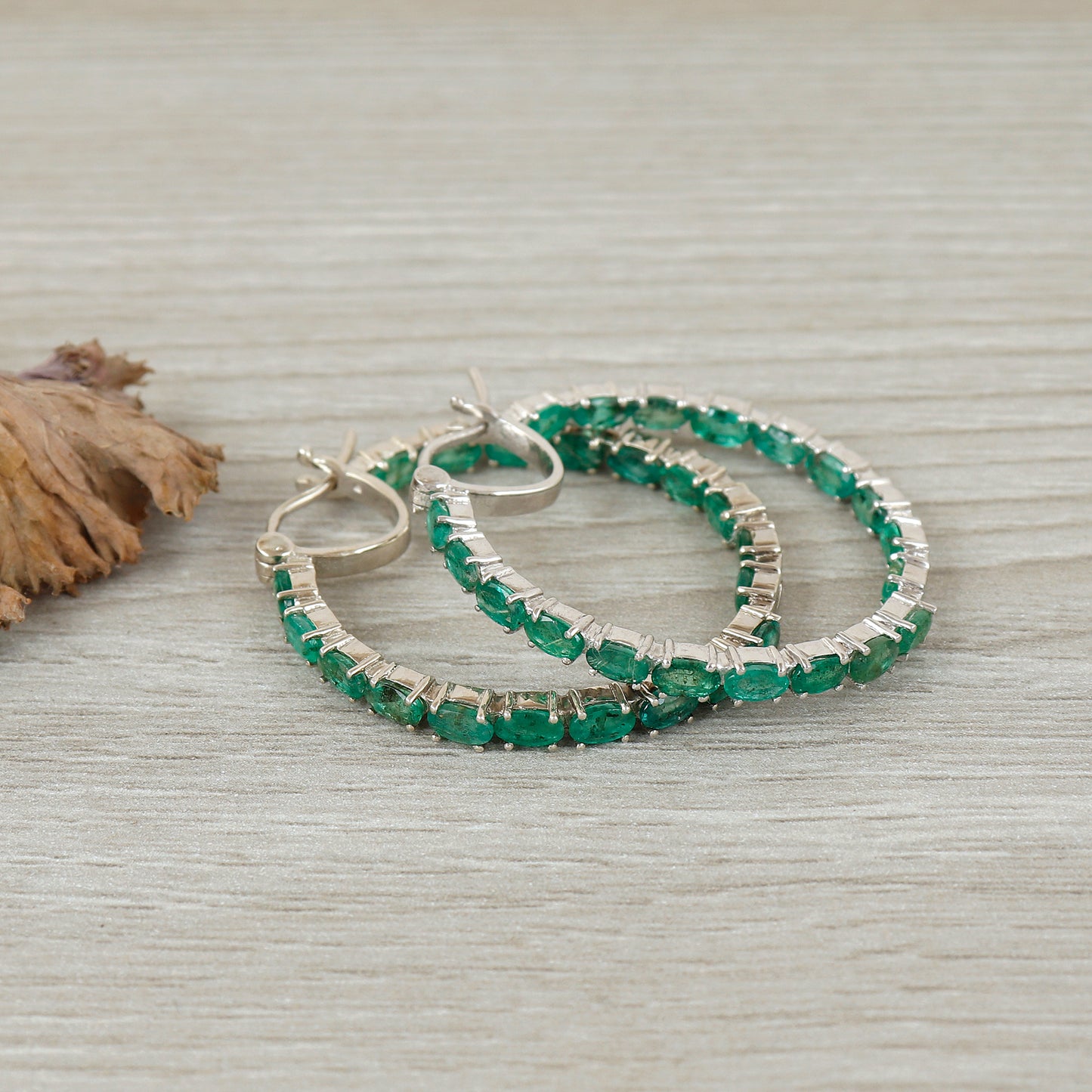 Natural Emerald Hoop Earrings-925 Sterling Silver Earrings-Oval Cut Gemstone Hoops-May Birthstone Earrings-Emerald Jewelry Gift for Her