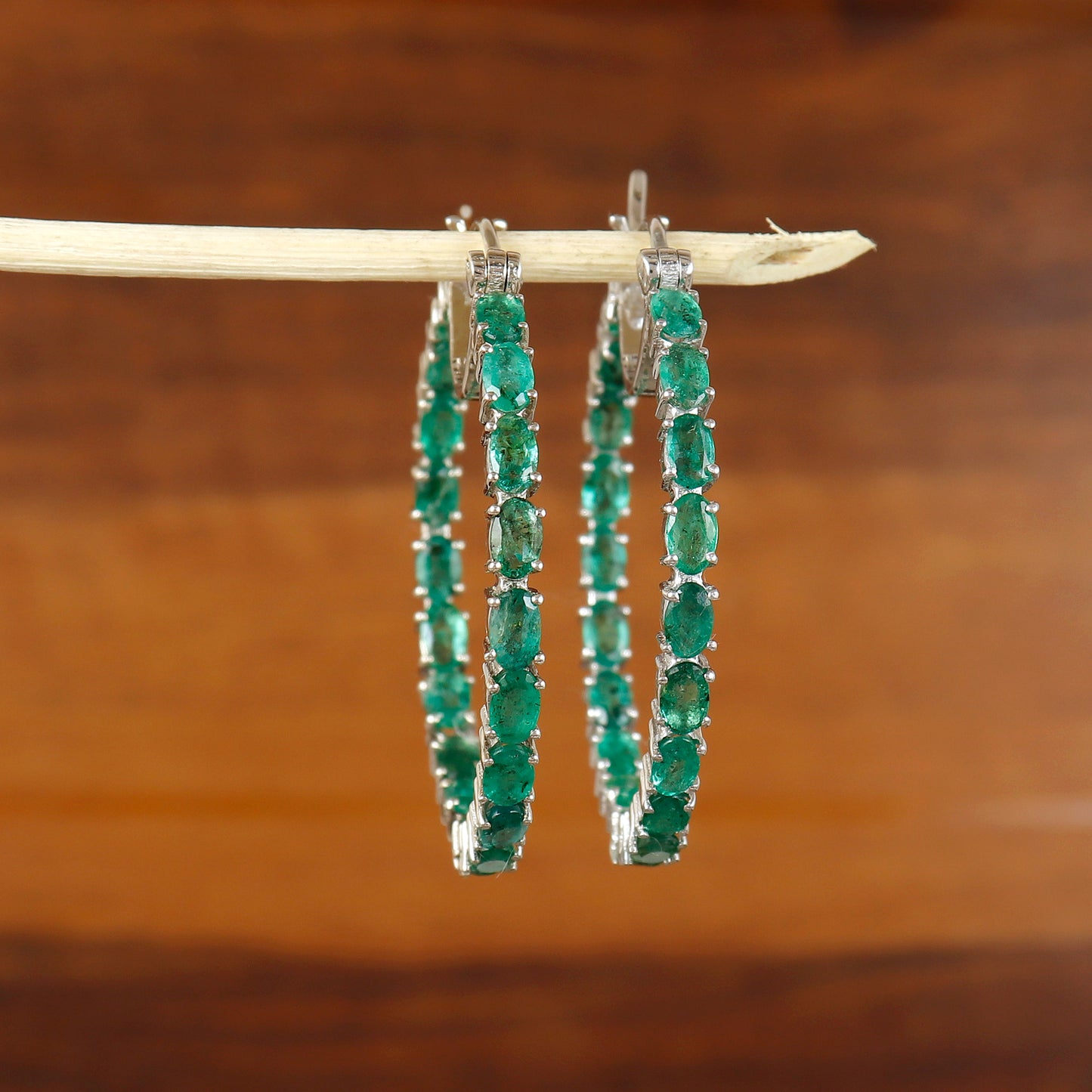 Natural Emerald Hoop Earrings-925 Sterling Silver Earrings-Oval Cut Gemstone Hoops-May Birthstone Earrings-Emerald Jewelry Gift for Her