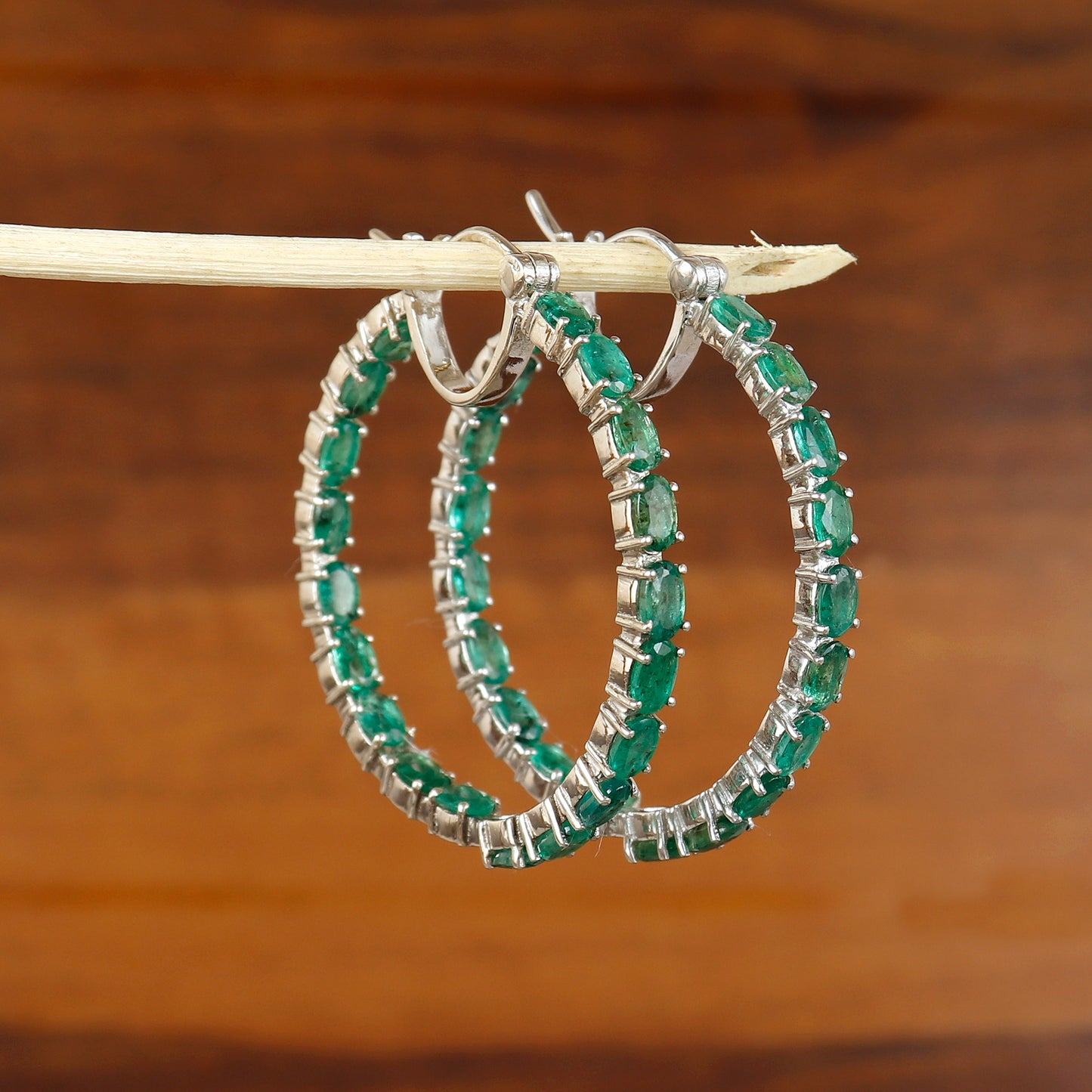 Natural Emerald Hoop Earrings-925 Sterling Silver Earrings-Oval Cut Gemstone Hoops-May Birthstone Earrings-Emerald Jewelry Gift for Her