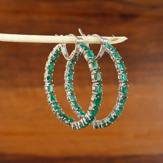 Natural Emerald Hoop Earrings-925 Sterling Silver Earrings-Oval Cut Gemstone Hoops-May Birthstone Earrings-Emerald Jewelry Gift for Her