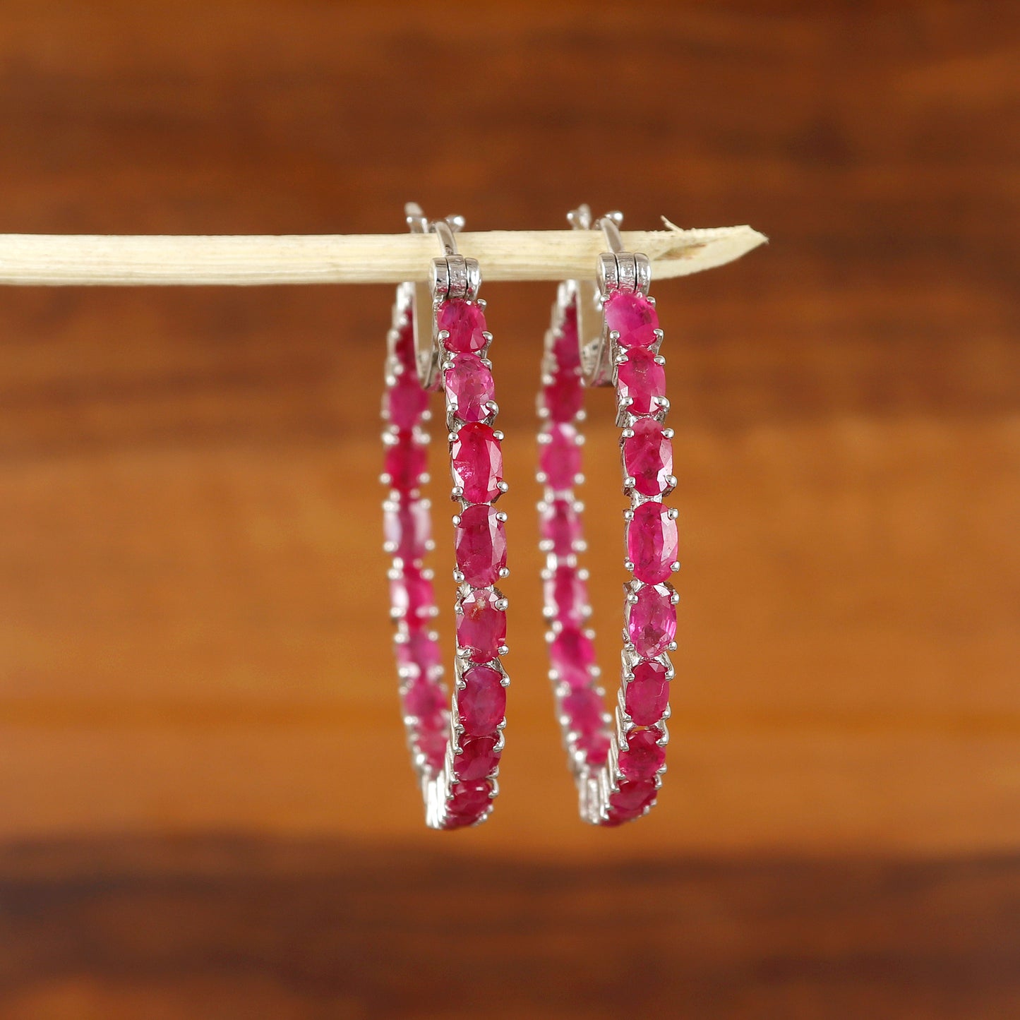Ruby Oval Cut Gemstone Hoop Earrings-925 Sterling Silver Hoops-July Birthstone Hoop Earrings-Ruby Hoop Earrings-Perfect Wedding Gift for Her