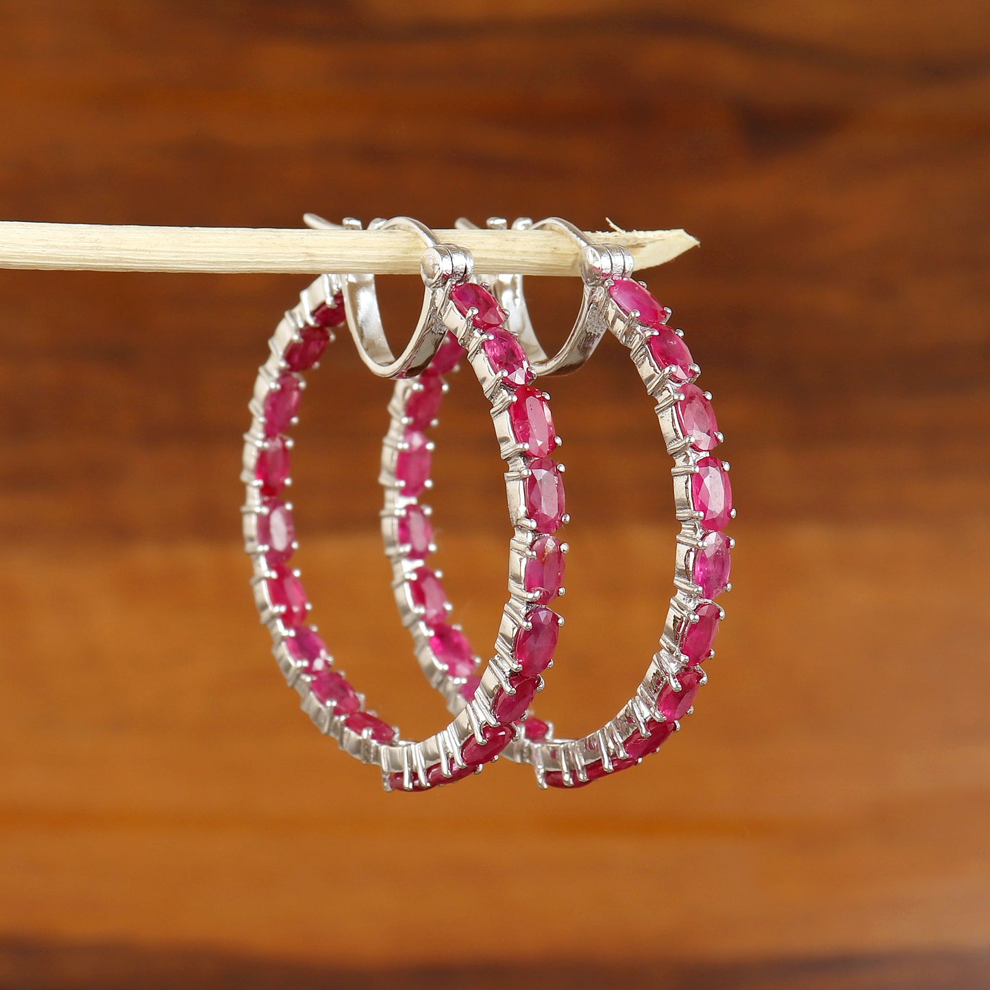 Ruby Oval Cut Gemstone Hoop Earrings-925 Sterling Silver Hoops-July Birthstone Hoop Earrings-Ruby Hoop Earrings-Perfect Wedding Gift for Her