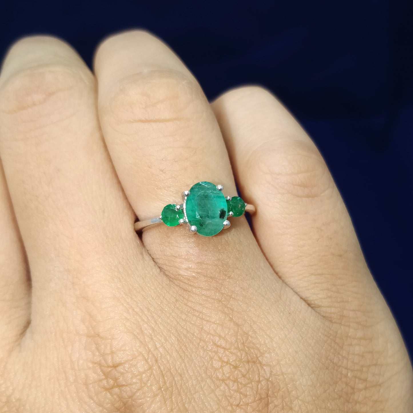 Emerald Three Stone Ring 925 Sterling Silver May Birthstone Ring Engagement Ring Gift for Her