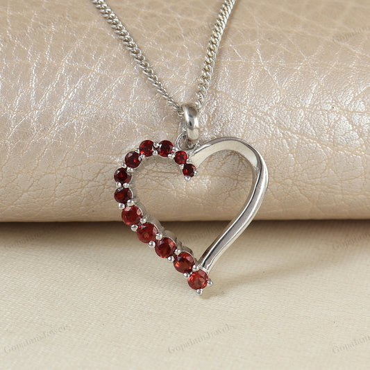 Natural Garnet Round Cut Gemstone Heart Design Pendant 925 Sterling Silver Chain Pendant Gift for Her