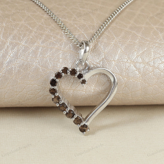 Natural Smoky Quartz Round Cut Gemstone Heart Design Pendant 925 Sterling Silver Chain Pendant Gift for Her