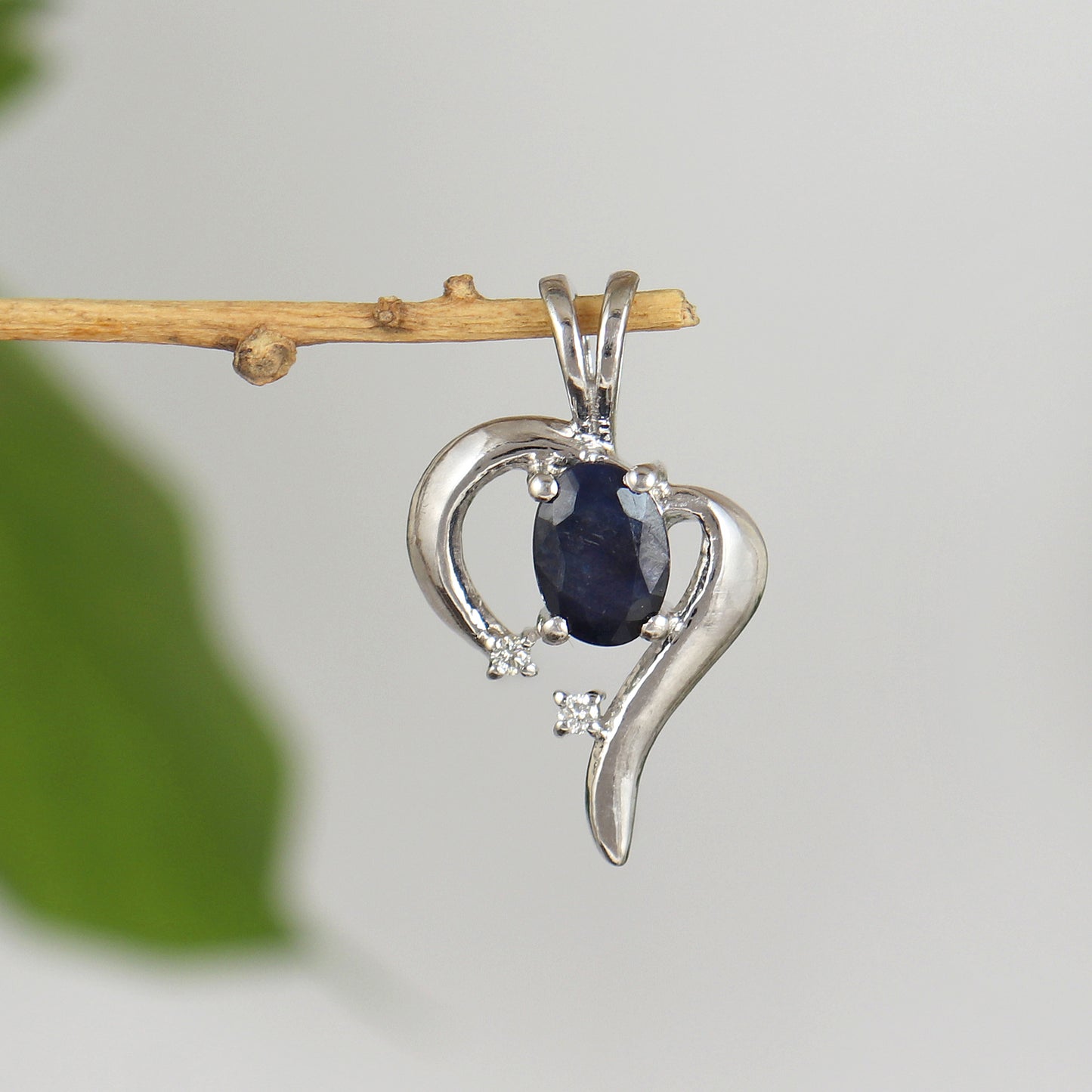 Natural Blue Sapphire & Diamond Heart Design Pendant-925 Sterling Silver-Precious Pendant-Silver Chain Pendant Gift for Her