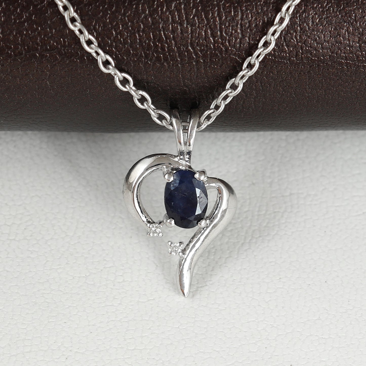 Natural Blue Sapphire & Diamond Heart Design Pendant-925 Sterling Silver-Precious Pendant-Silver Chain Pendant Gift for Her