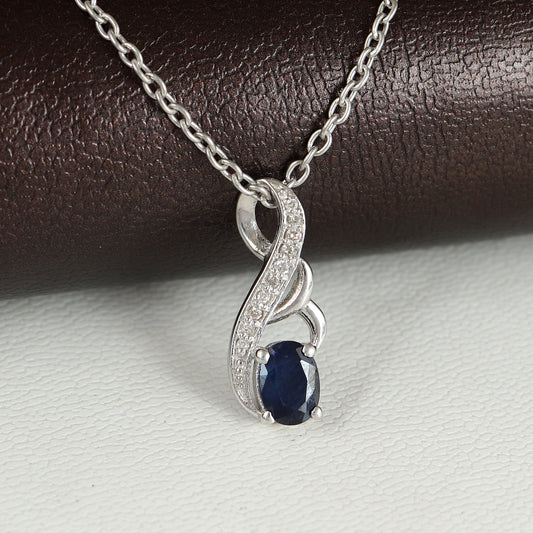Blue Sapphire & Diamond Pendant-925 Sterling Silver Chain Pendant-September Birthstone-Designer Sapphire Pendant-Wedding Anniversary Gift