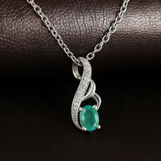 0.85 Ct Emerald Pendant-925 Silver Pendant-May Birthstone Pendant-Diamond Pendant-Natural Emerald Jewelry-7x5mm Oval Cut Gemstone Pendant
