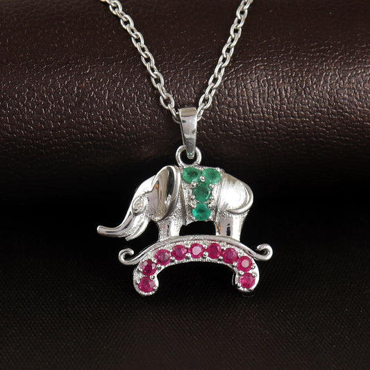 Ruby & Emerald Elephant Pendant-925 Sterling Silver Precious Pendant-Elephant Emerald Pendant-Multi Gemstone Pendant-Women Jewelry for Gift