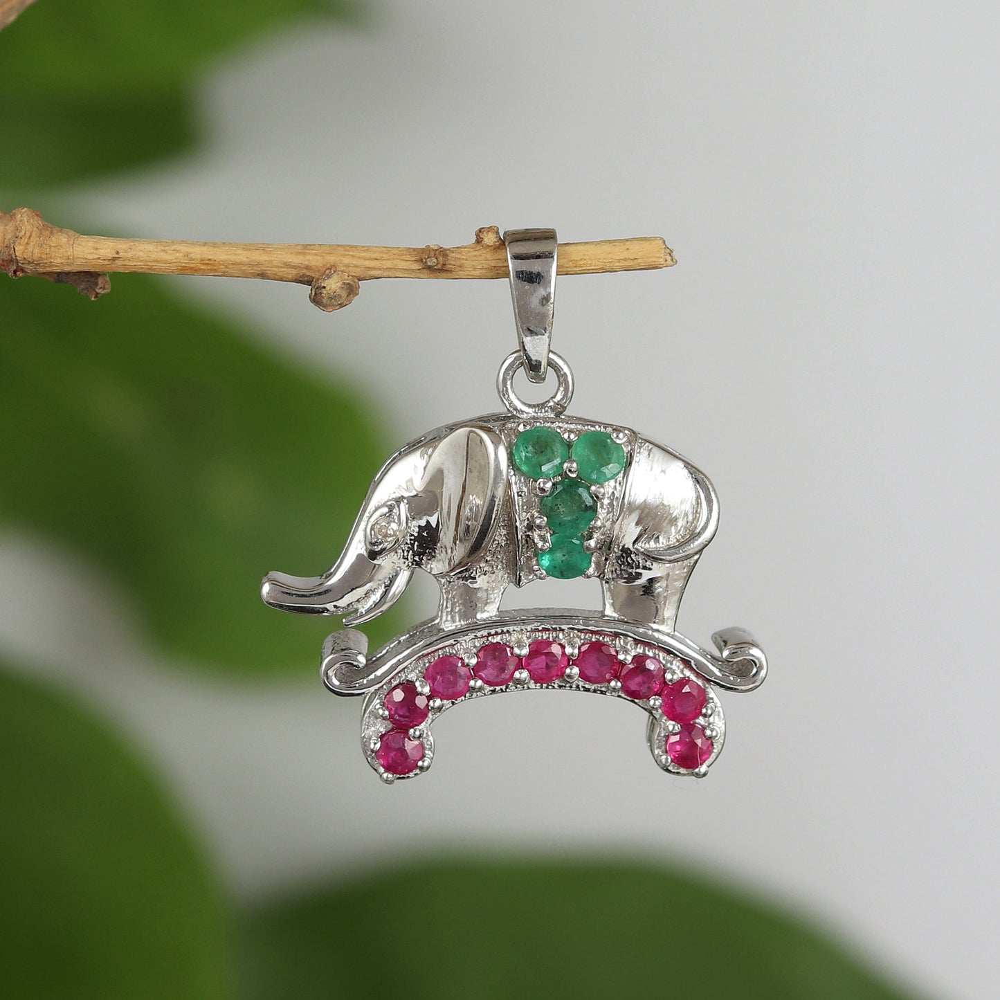 Ruby & Emerald Elephant Pendant-925 Sterling Silver Precious Pendant-Elephant Emerald Pendant-Multi Gemstone Pendant-Women Jewelry for Gift
