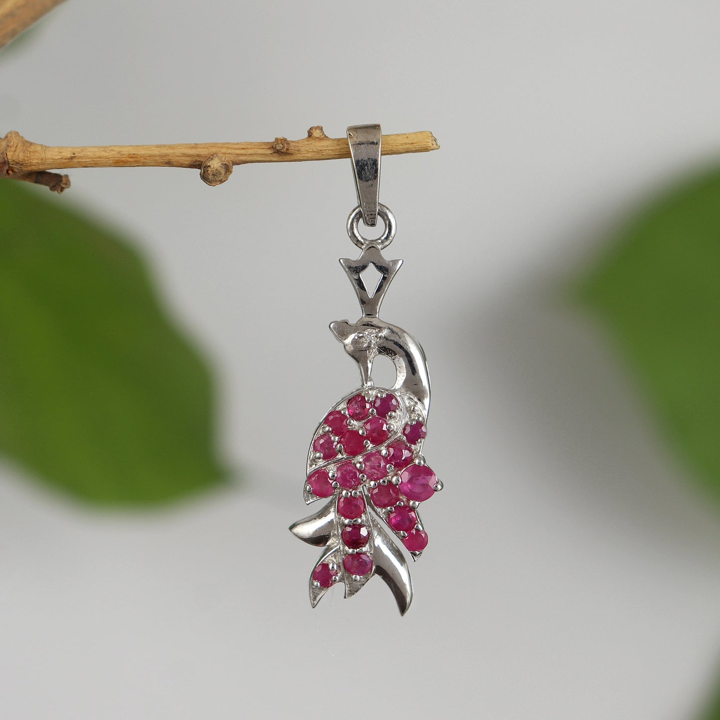 Natural Ruby Peacock Pendant-925 Sterling Silver Pendant-Diamond Bird Pendant-Silver Chain Pendant-July Birthstone Pendant-Gift for Her