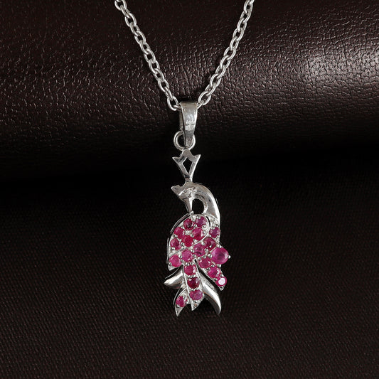 Natural Ruby Peacock Pendant-925 Sterling Silver Pendant-Diamond Bird Pendant-Silver Chain Pendant-July Birthstone Pendant-Gift for Her