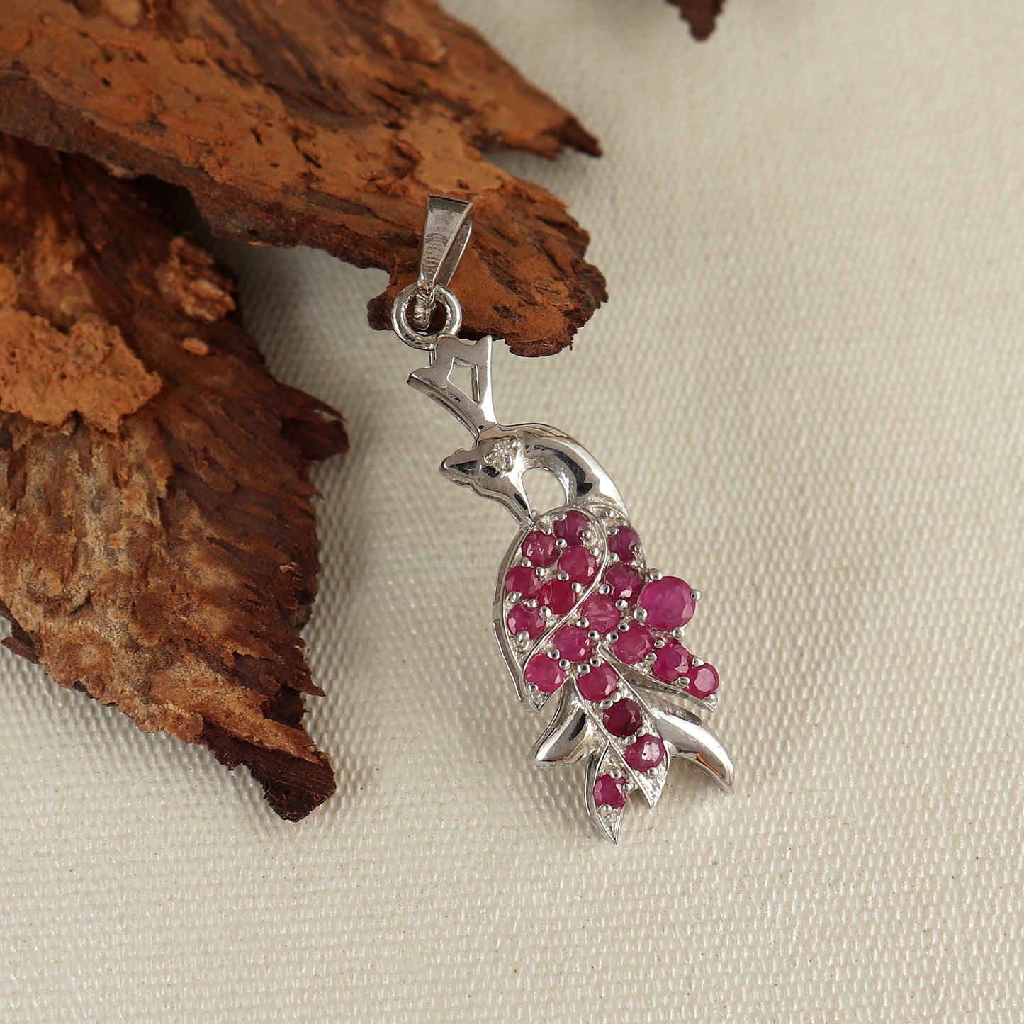 Natural Ruby Peacock Pendant-925 Sterling Silver Pendant-Diamond Bird Pendant-Silver Chain Pendant-July Birthstone Pendant-Gift for Her