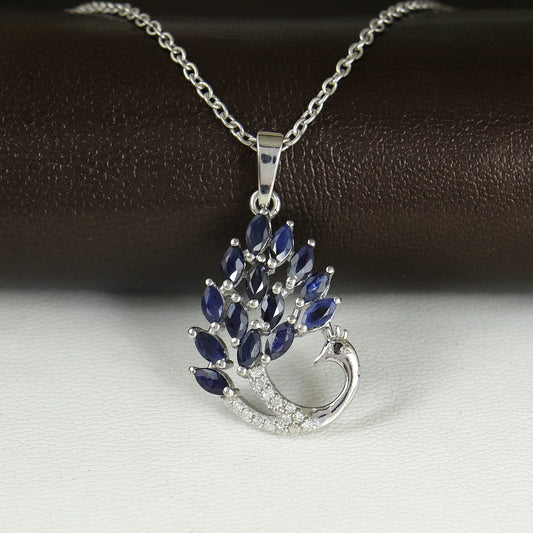 Natural Blue Sapphire Peacock Pendant-925 Sterling Silver-Diamond Bird Pendant-September Birthstone Pendant-Chain Pendant Gift for Her