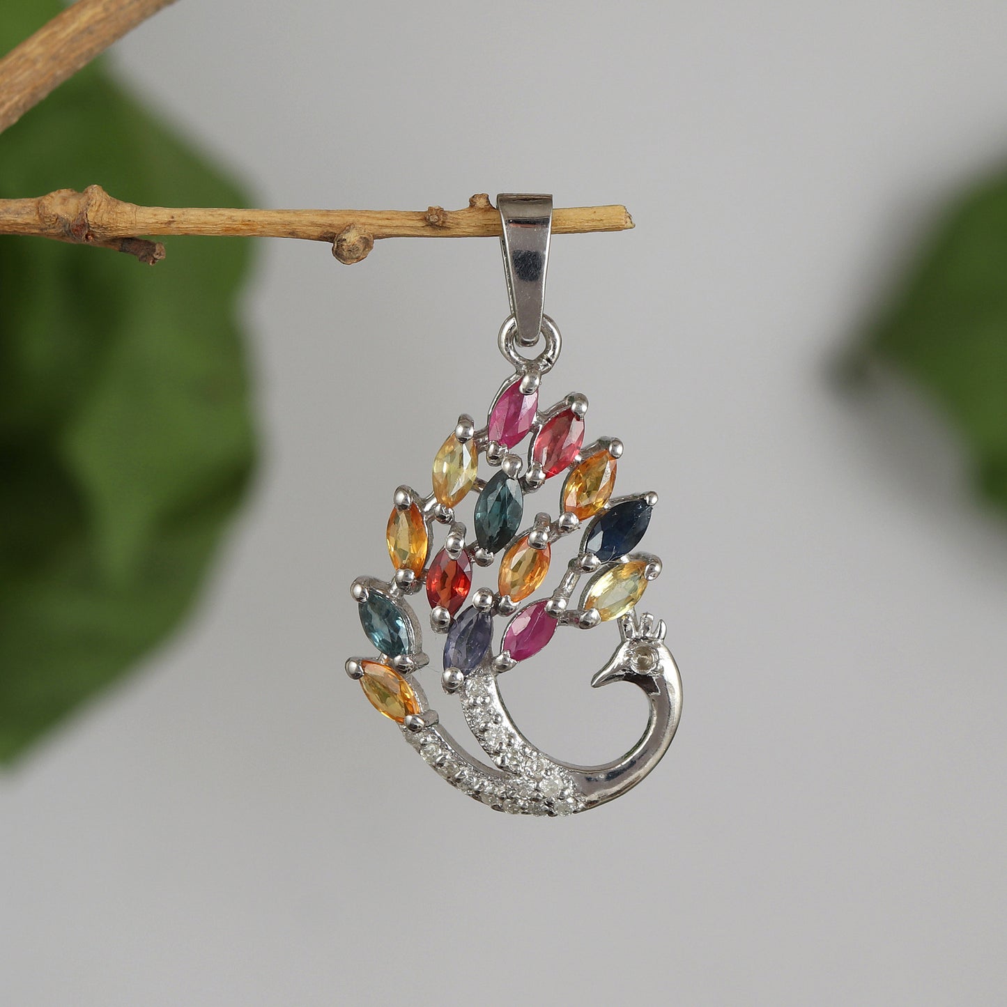 Natural Multi Sapphire Peacock Pendant-925 Sterling Silver-Diamond Bird Pendant-Rainbow Sapphire Pendant-Chain Pendant Wedding Gift for Her