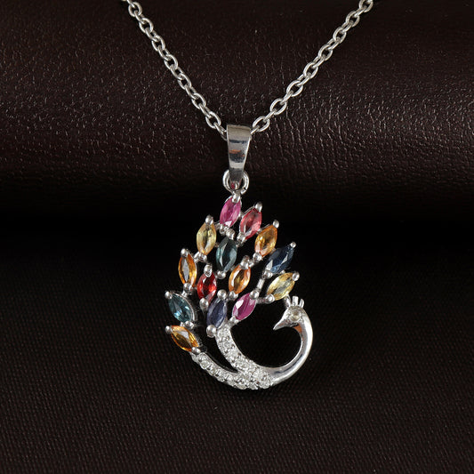 Natural Multi Sapphire Peacock Pendant-925 Sterling Silver-Diamond Bird Pendant-Rainbow Sapphire Pendant-Chain Pendant Wedding Gift for Her