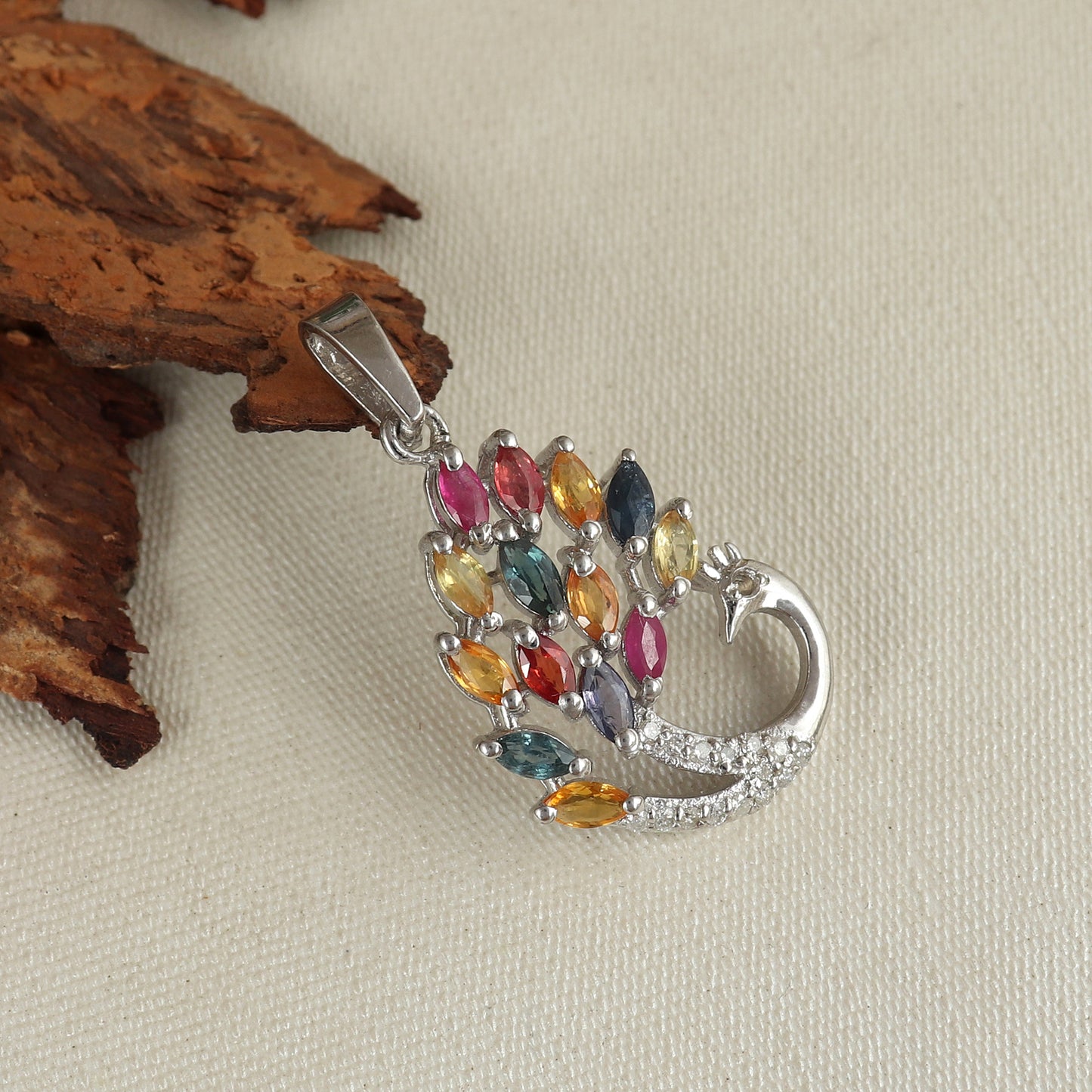 Natural Multi Sapphire Peacock Pendant-925 Sterling Silver-Diamond Bird Pendant-Rainbow Sapphire Pendant-Chain Pendant Wedding Gift for Her